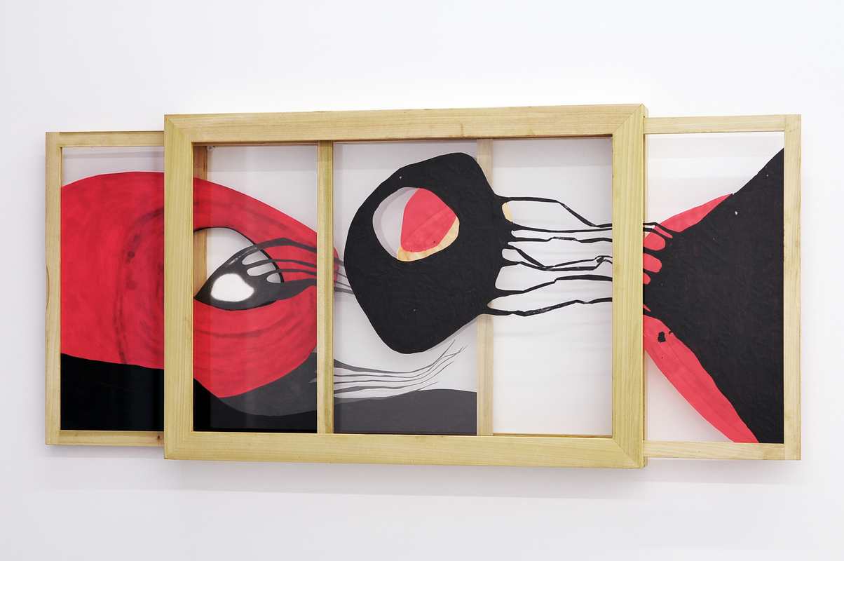 Pulling, ink, pencil and pen on paper, plywood and glass, 50 cm x 42 cm, 2012