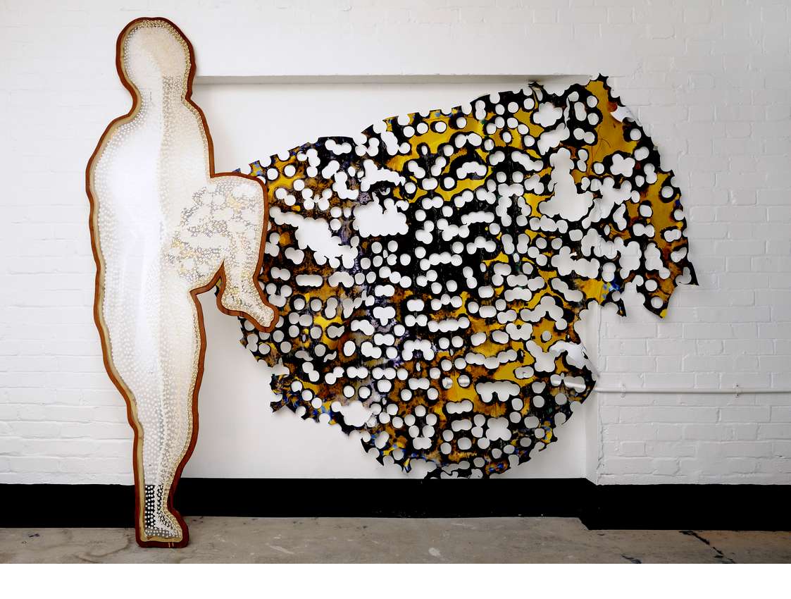 Right leg Up, oil and acrylic on plexiglass and plywood, 236.2 cm x 81.28 cm, 2008, and burnt, digital print on paper, 185 cm x 350 cm, 2008. Image credit: Thierry Bal