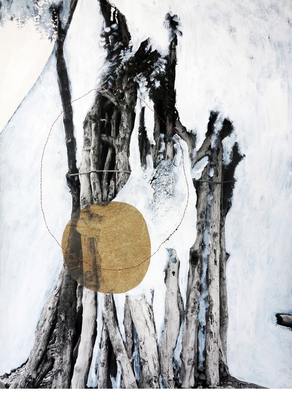 Tree, ink, acrylic and thread on digital print on paper, 53 cm x 79.5 cm, 2014