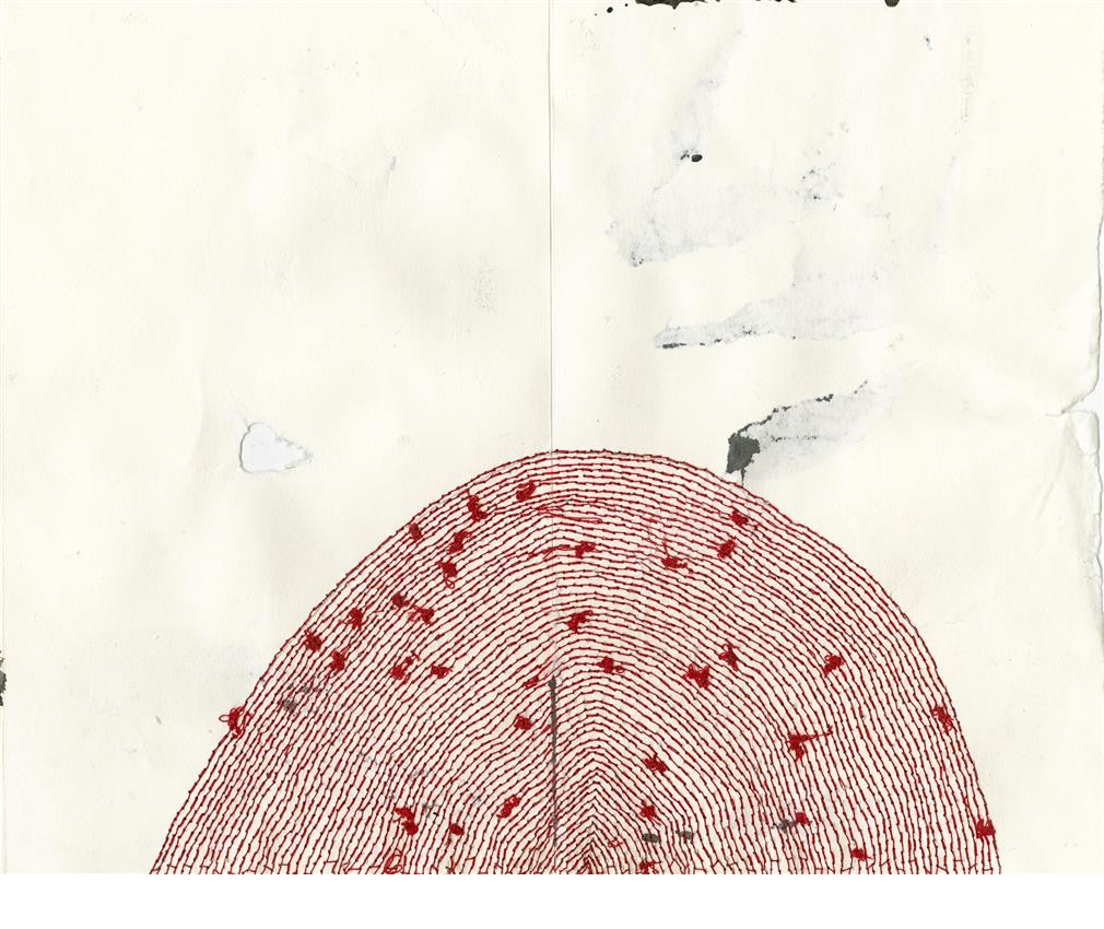 A mountain of stitching (verso), ink, thread and photo transfer on paper, 20.5 x 25.7 cm, 2016