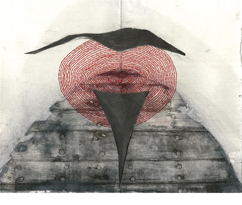 Pelvic floor, pencil, ink, thread and photo transfer on paper, 20.5 x 25.7 cm, 2016